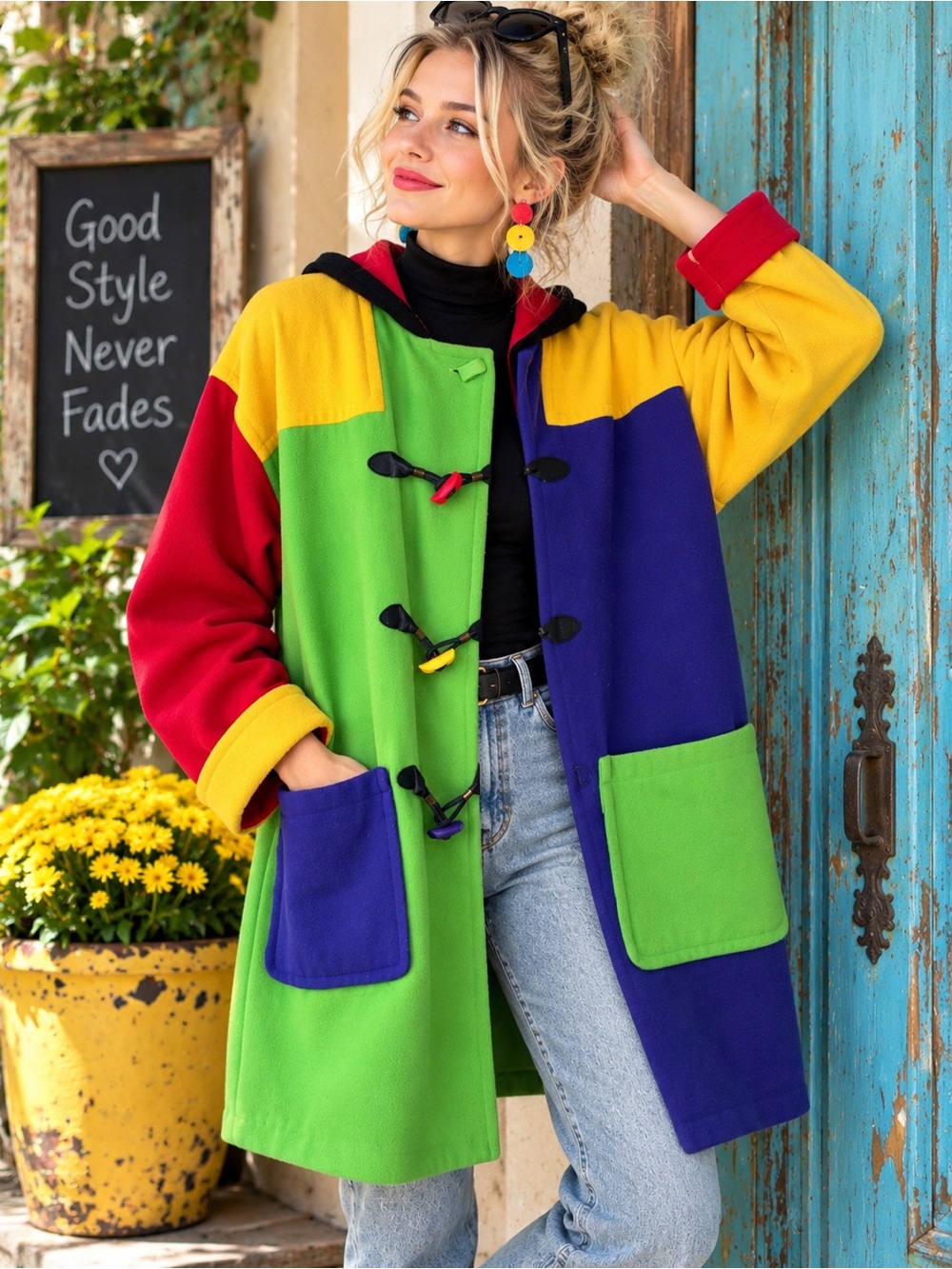 Vintage Blanco Oversized Color Block Duffle Coat Hooded Toggle Jacket 80s 90s